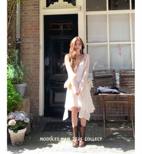 Torono Fashionable Two-Way Wear Irregular Hollow out Cardigan Set Dress High Waist A-Line Skirt V-Neck Sleeveless Zipper Closure