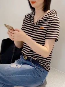 Pure Cotton Hoodie Striped Short Sleeve T-Shirt Women Summer 2024 New Style Slimming Long Sleeve Top Fashionable Youthful