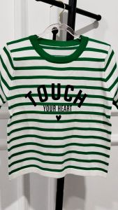 Atasan Wanita Dewasa Import Garis-Garis Touch Your Heart Lengan Karet Model Kekinian