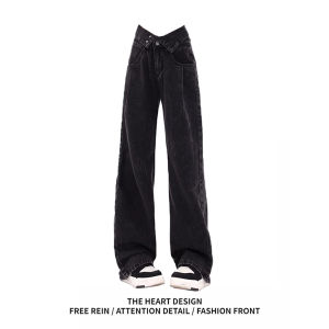 กางเกงยีนส์ขากว้างเอวสูงสำหรับผู้หญิง ทรงหลวม ทรงหลวม กางเกงขายาวทรงเข้ารูป สีดำ กางเกงยีนส์ทรงลำลอง