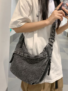 Fashionable Denim Dumpling Shape Crossbody Bag Large Capacity Commuter Shoulder Bag for Men Youth Daily Match Korean Style
