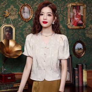 New Chinese Style Short Sleeve Shirt Summer Embroidered V Neck Chiffon Blouse Women Retro National Style Button up Small Top