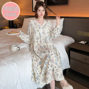 Sweet Style Long Sleeve Sleepwear Womens Home Clothes with Chest Pad Midi Length plus Size Comfortable Cotton Fabric Sleep Dress