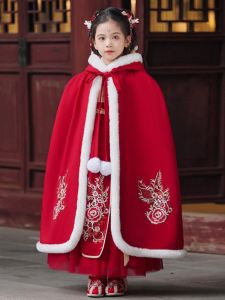 Thickened Traditional Chinese Costume Girls Skirt for Autumn Winter Childrens Fashionable Long Sleeve Red Dress for New Year Visit