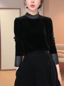 New Chinese Style Velvet Shirt Women Spring Autumn Loose Stand Collar Fashion Retro Base Layer High End Top Korean Version
