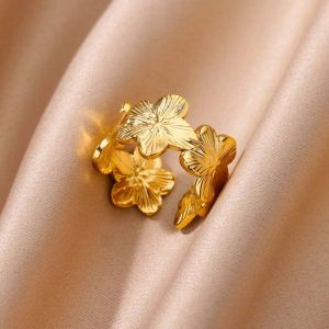Nhẫn Hở Thanh Lịch Dành Cho Nữ Thiết Kế Hoa Nở Lớn Mạ Vàng 18k PVD Trên Thép Không Gỉ Phong Cách Punk Trang Sức Cưới Quà Tặng.