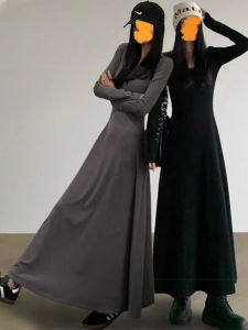 Elegant Long-Sleeve Cotton Dress for Women Spring Autumn Solid Color Slim A-Line Skirt with Wide Hem Low Collar