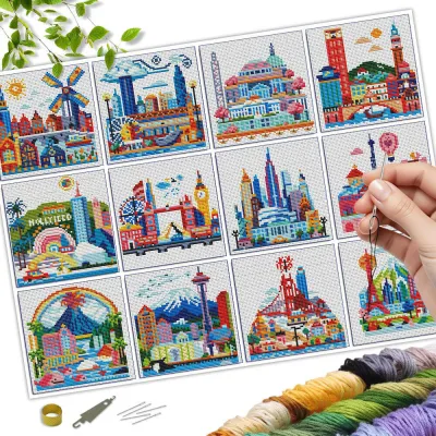 EverShine 12Pcs MINI 11CT Printed Canvas Cross Stitch Kit City Scenery DIY Sewing Crafts Embroidery Bridge Tower Handmade Gift