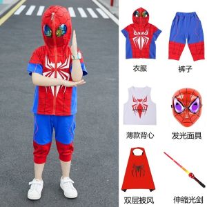 Spiderman Childrens Outfit Summer Short Sleeve Pure Cotton Half Sleeve Boys Halloween Kindergarten Role Play Costume Set