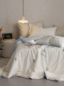 Luxurious Cool Sensation Silk Cotton Bedding Set Tulip Embroidered Sheet Cover Duvet Cover Bedding Accessories Four-Piece Set