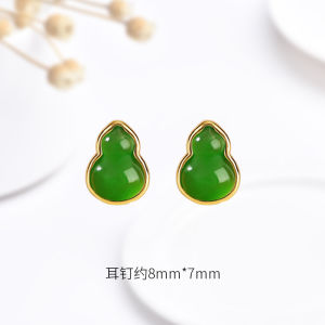 Retro Green Jade Gourd Gold-Embedded Earrings Unique Beautiful Chinese Style Womens Hoops  out New Fashion Jewelry