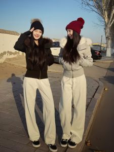 Áo Khoác Nỉ Có Mũ Trùm Đầu Màu Đen Dày Dặn Có Lông Cừu Áo Khoác Ngoài Ngắn Cho Nữ Mùa Thu Đông Áo Khoác Ngoài Có Khóa Kéo