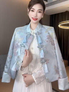 New Chinese Style Womens Jacket Spring Autumn Heavy Embroidery Button Tassel Tang Suit Improved Cheongsam Top Loose Fit Short Sleeve