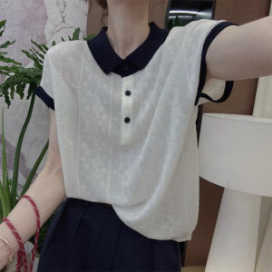 Shalldoer | Fashionable Anti-Aging Design Turn-down Collar Color Block Short Sleeve T-shirt Womens New 2025 Summer High-End Embroidered Top