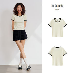 Semir Short Sleeve T-Shirt Womens Short Fit Slim Summer Cool Feeling Color Block Top Sweet College Style Cotton Blend