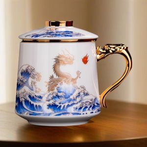 Yulan Jade Ceramic Tea Cup Tea Water Separation Chinese Style Gift Cup High End Office Drinking Tea Cup Handmade Crafted