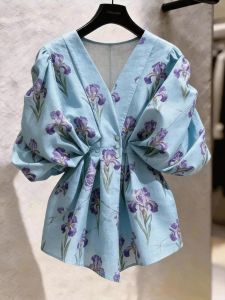 KUNAILIN | Graceful Style V-Neck Slightly Cinched Waist Iris Blue Shirt