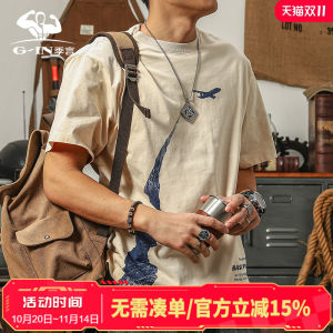 Seasonal Pure ผ้าฝ้าย เสื้อยืดแขนสั้นคอกลมพิมพ์ลาย หลวม Fit American สไตล์ลำลอง ผู้ชาย เสื้อท่อนบน ระบายอากาศได้ดี ฤดูร้อน แฟชั่น