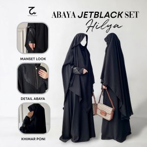 Hasna moslem abaya JETBLACK Set hilya French khimar instan poni model lancip manset emboss zipper busui freindly