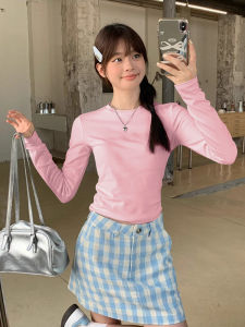 เสื้อยืดคอกลมแขนยาวผู้หญิง ทรงสลิมฟิต แฟชั่นฤดูใบไม้ร่วง/ฤดูหนาว เสื้อชั้นในแบบหนา ผ้าเดนิมสองด้าน ทรงเข้ารูป เสื้อผ้าทำงานสไตล์เกาหลี