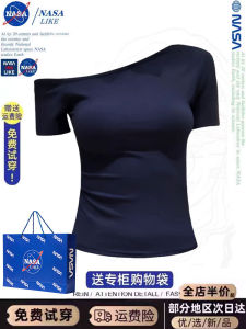 NASA Navy Blue Oblique Shoulder Tops Women's Summer Niche Design Cold-Shoulder Elegant Minimalist off-Shoulder Short Sleeve T-shirt