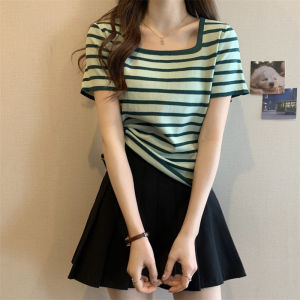 Elegant Striped Square Neck Short Sleeve T-shirt