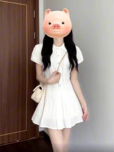 White Poodle Collar Skirt Dress Womens Preppy Style Summer A-Line Mini Dress Short Sleeve Polo Collar Gathered Waist Sweet