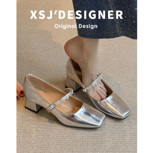 LIQIXIEFANG | Silver Leather French Bow Ballet Style Mid Heel High Heels