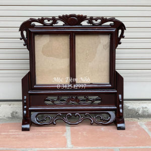 Khung ảnh bàn thờ đôi gỗ hương Khung ảnh thờ 2 ảnh hoa lá tây