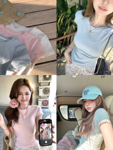 Pure Color Lace Short Sleeve T-Shirt Ashy Snow Spring Summer Slimming Fit Sweet Style round Neck Short Length Korean Version