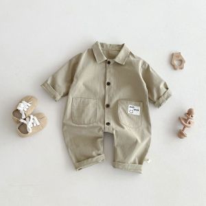 Cute Baby Romper Suit Long Sleeve Turn-down Collar Workwear Outfit Spring Autumn Korean Style Cotton Blend Cloth Infant Clothes
