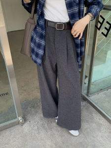 กางเกงสูทผ้าขนสัตว์หนาเอวสูงทรงหลวมสำหรับผู้หญิง ฤดูใบไม้ผลิและฤดูใบไม้ร่วง กางเกงขายาวทรงตรง กางเกงขายาวทรงหลวม