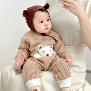 Cute Bear Embroidered Romper for Baby Boys and Girls Spring Autumn Knitted Cartoon Sweater with Long Sleeves for Children Ages 0-6