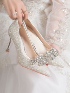 Elegant Silver Brides Shoes with Crystal Embellishments High Heels Fine Heel Wedding Banquet Footwear for Women