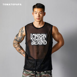 เสื้อกล้ามกีฬา TOMATOPAPA ฤดูร้อนปี 2025 เสื้อกล้ามแขนกุดคอตั้งพิมพ์ลายตัวอักษรระบายอากาศได้ดี ผ้าตาข่าย ใส่ไปเที่ยวชายหาด