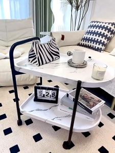 2 Layers Walnut Movable Sofa Side Table Portable Wooden Kitchen Bedside Trolley Bedroom Coffee Tab with Wheels Modern Living Room Cabinet Coffee Desk Wooden Tea Tables Organizer Balcony Book Rack Meja Kopi Bimbit 茶几 咖啡桌