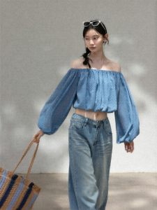 Cantonstory | French Blue One-shoulder Dots Long-sleeve Blouse