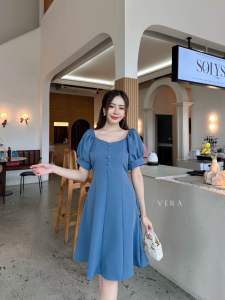 Judy dress เดรสออกงานดึงยางไหล่เเขนสั้น เเต่งกระดุมผ้าด้านหน้า5 เม็ด ป้าย VERA