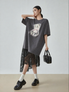 XIAODADEHUA | Gray Lace Patchwork Bear Print Loose Korean Style Casual T-Shirt Dress