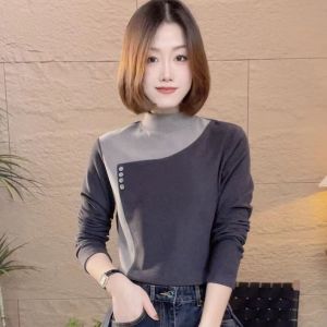 High-End Womens Fashion Double-Sided Fleece Half-High Collar Long Sleeve Casual Versatile Warm Base Shirt for Autumn Winter