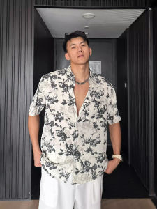 Summer Thin Ice Silk Breathable Hawaii Vacation Floral Shirt Men Loose Cool Feeling Drape Full Print Short Sleeve Shirt