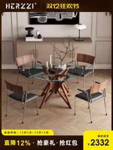 Herzzi Small Household Real Wood Tempered Glass Dining Table Home Use Dining Table Living Room 2025 New Advanced round Table