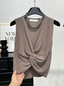 V-Neck Sleeveless Knitted Tank Top Womens Summery Slimming Short-Sleeved Unique Working Clothes K-style Regular Thickness