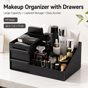 Desktop Makeup Organizer with Drawers Black PP Cosmetic Storage Box Lipstick Holder for Bathroom Vanity