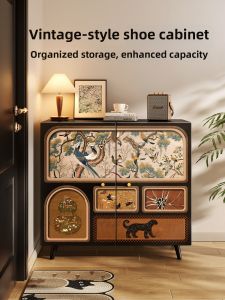 Solid Wood Retro Style Shoe Cabinet with Storage