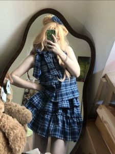 Váy Chữ a Không Tay Dáng Chữ a Màu Xanh Mùa Hè Cho Nữ Váy Midi Cổ Tròn in Họa Tiết Kẻ Caro Thường Ngày Bằng Vải Polyester