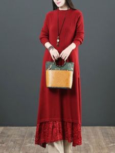 ชุดเดรสถักผ้าขนสัตว์หนาสำหรับผู้หญิง ฤดูใบไม้ร่วง/ฤดูหนาว กระโปรงทรงเอ แขนยาว คอตั้ง สีพื้น ชุดเดรสยาวคลุมเข่า