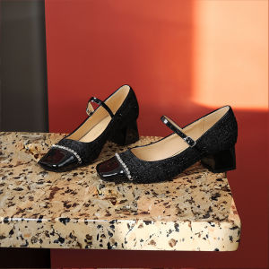 Spring 2024 Mary Jane Shoes Womens Medium Heel Square Head Thick Heel Single Shoes Retro French Style Buckle Strap Elegant