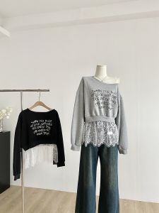 Spring 2025 Womens Long Sleeve Sweatshirt Lace Splice Shoulder Letter Print Commute Style Regular Length Polyester Fiber