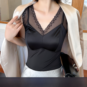 miiow | Black Lace Tank Top Strap Vest Cat Person Worn Outside Summer No Bra Integrated High Dare Sleeveless Inner Match Upper Garment